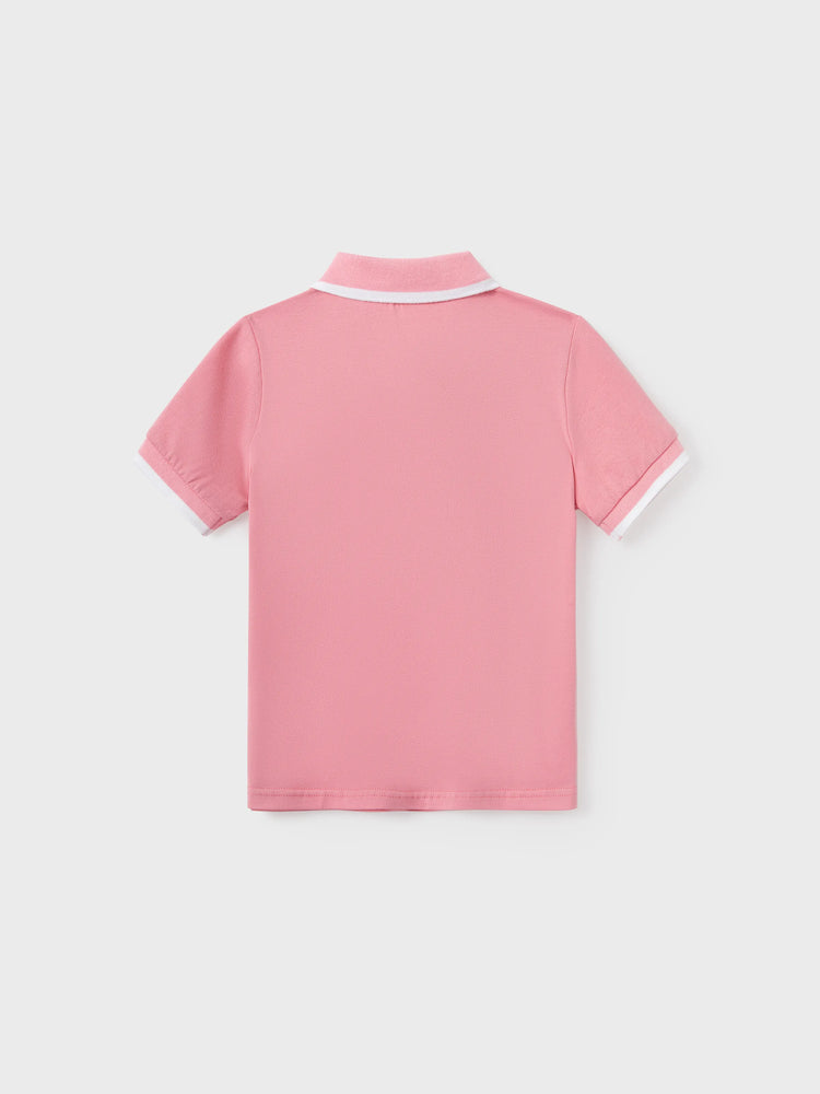 Family Matching Outfits Set Solid Color Short-sleeve Polo Collar Shirt or Flower Print Hollow out Dress  Pink