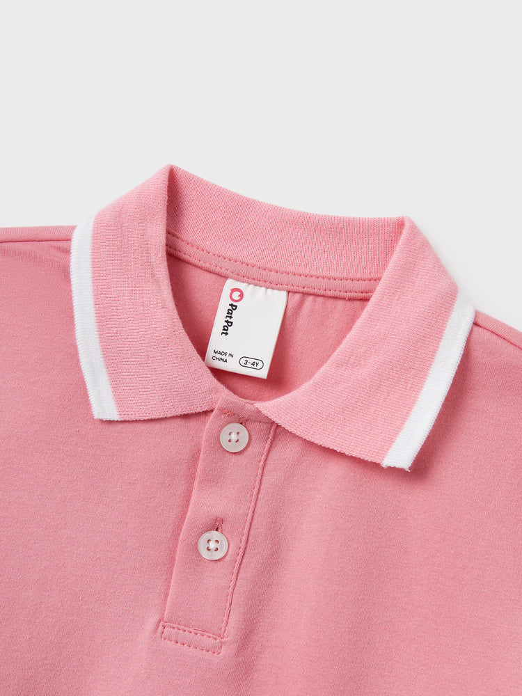 Daddy and Me Family Matching Outfits Set Solid Color Short-sleeve Polo Collar Shirt or Flower Print Hollow out Dress  Pink