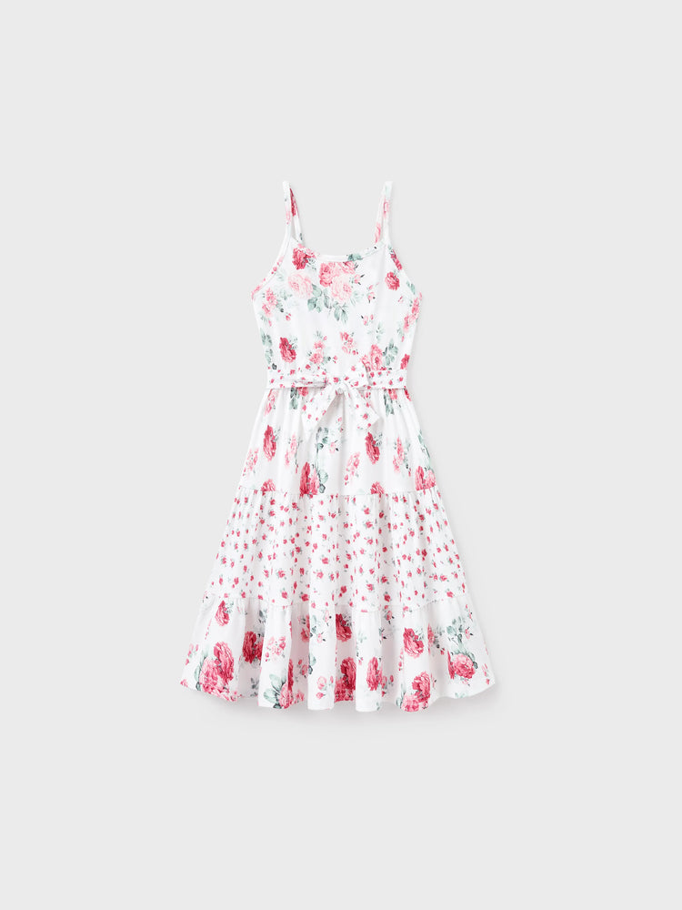 Mommy and Me Family Matching Outfits Set Solid Color Short-sleeve Polo Collar Shirt or Flower Print Hollow out Dress  Pink