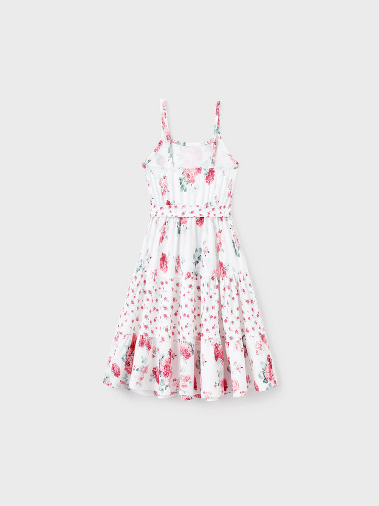 Family Matching Outfits Set Solid Color Short-sleeve Polo Collar Shirt or Flower Print Hollow out Dress  Pink