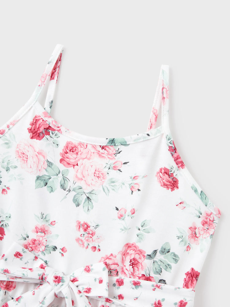 Family Matching Outfits Set Solid Color Short-sleeve Polo Collar Shirt or Flower Print Hollow out Dress  Pink