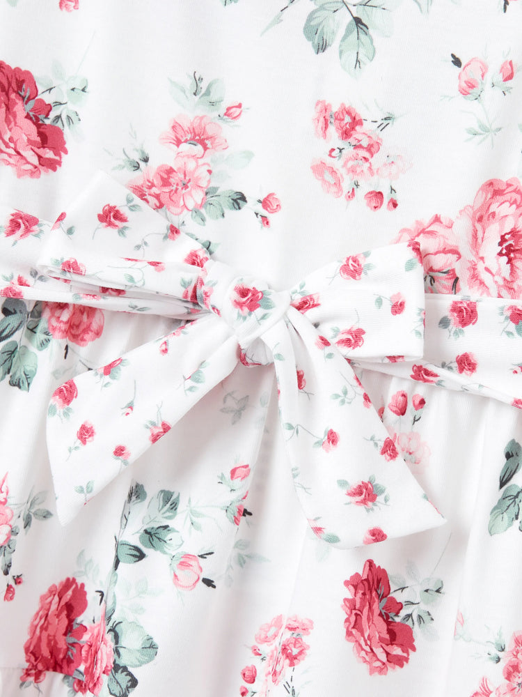 Family Matching Outfits Set Solid Color Short-sleeve Polo Collar Shirt or Flower Print Hollow out Dress  Pink