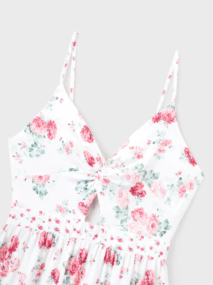 Mommy and Me Family Matching Outfits Set Solid Color Short-sleeve Polo Collar Shirt or Flower Print Hollow out Dress  Pink