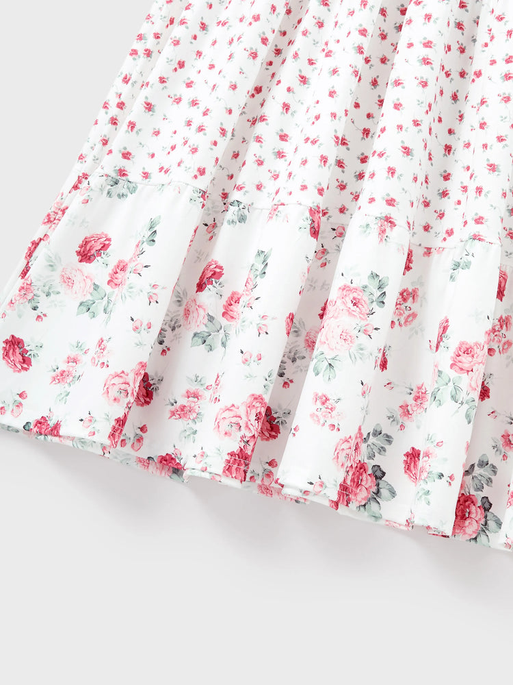 Mommy and Me Family Matching Outfits Set Solid Color Short-sleeve Polo Collar Shirt or Flower Print Hollow out Dress  Pink