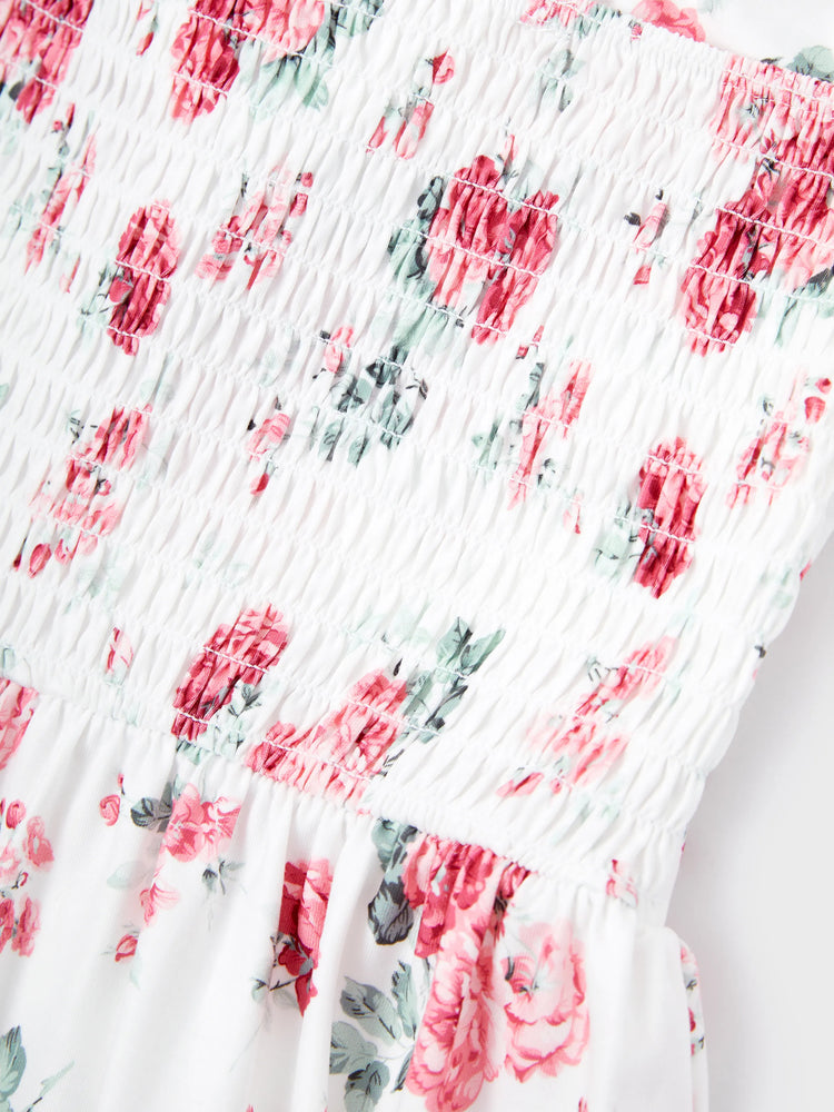 Family Matching Outfits Set Solid Color Short-sleeve Polo Collar Shirt or Flower Print Hollow out Dress  Pink