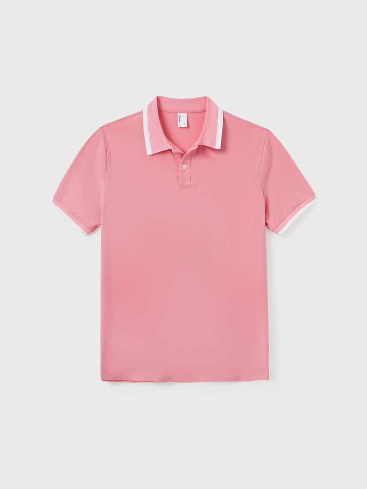 Family Matching Outfits Set Solid Color Short-sleeve Polo Collar Shirt or Flower Print Hollow out Dress  Pink