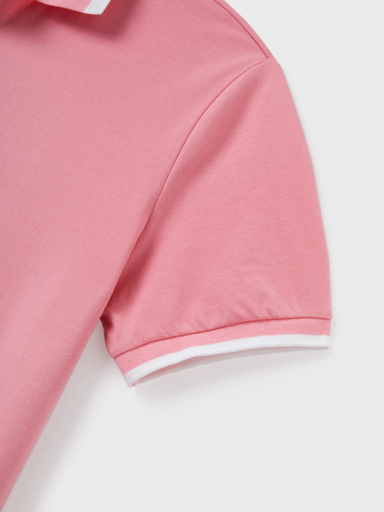 Family Matching Outfits Set Solid Color Short-sleeve Polo Collar Shirt or Flower Print Hollow out Dress  Pink