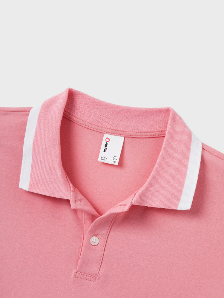 Daddy & Daughter Outfits Set Solid Color Short-sleeve Polo Collar Shirt or Flower Print Hollow out Dress Pink