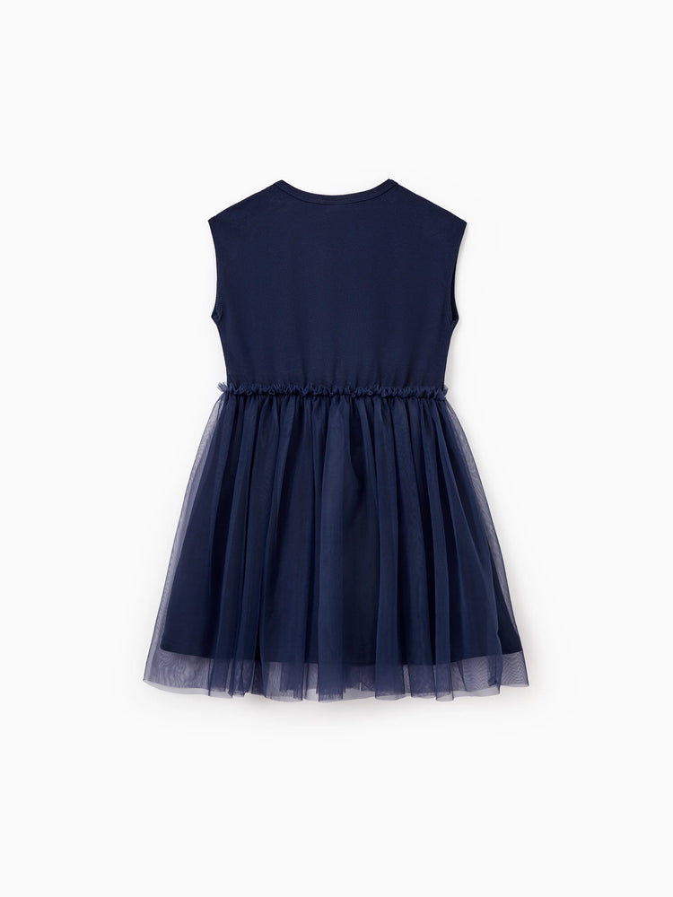 Toddler/Kid Girl Unicorn Print Cotton Knotted Dresses with Tulle Skirt for Girls, Perfect for Family Outings & Photos Deep Blue