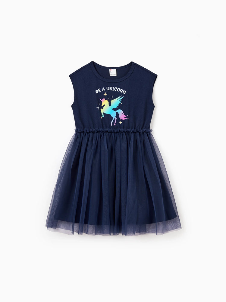 Toddler/Kid Girl Unicorn Print Cotton Knotted Dresses with Tulle Skirt for Girls, Perfect for Family Outings & Photos Deep Blue