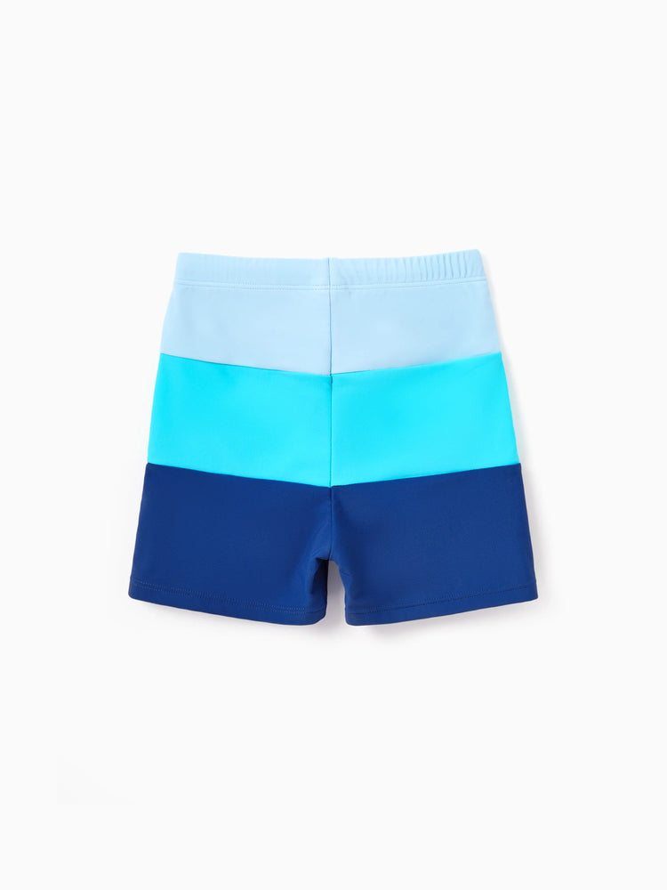Family Matching Color Block Swimsuits One Shoulder Swim Dress / Swim Trunks Set Blue