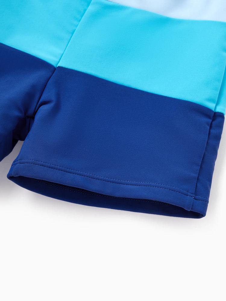 Daddy & Son Color Block Swimsuits One Shoulder Swim Dress / Swim Trunks Set Blue