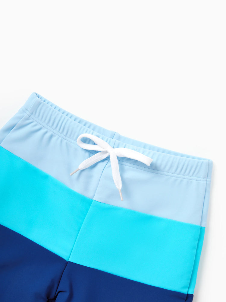 Daddy & Son Color Block Swimsuits One Shoulder Swim Dress / Swim Trunks Set Blue