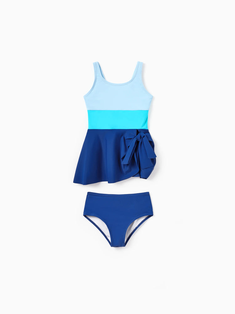 Mommy & me Color Block Swimsuits One Shoulder Swim Dress / Swim Trunks Set Blue