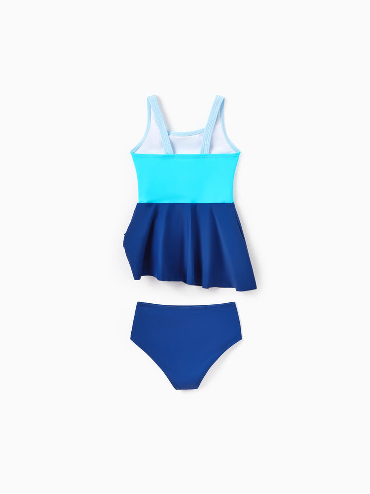 Mommy & me Color Block Swimsuits One Shoulder Swim Dress / Swim Trunks Set Blue