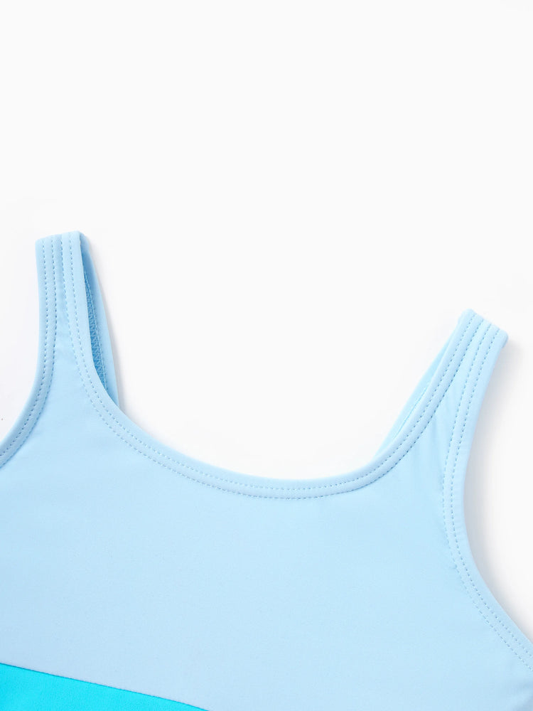 Family Matching Color Block Swimsuits One Shoulder Swim Dress / Swim Trunks Set Blue