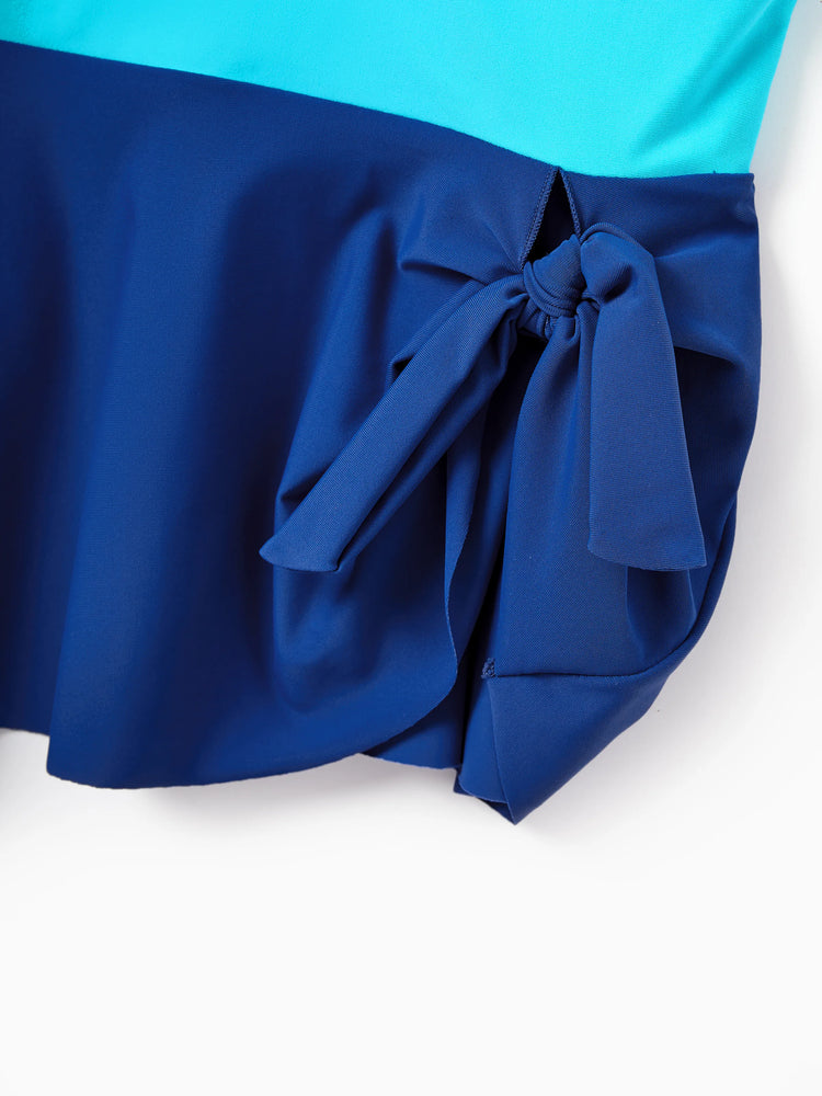 Family Matching Color Block Swimsuits One Shoulder Swim Dress / Swim Trunks Set Blue