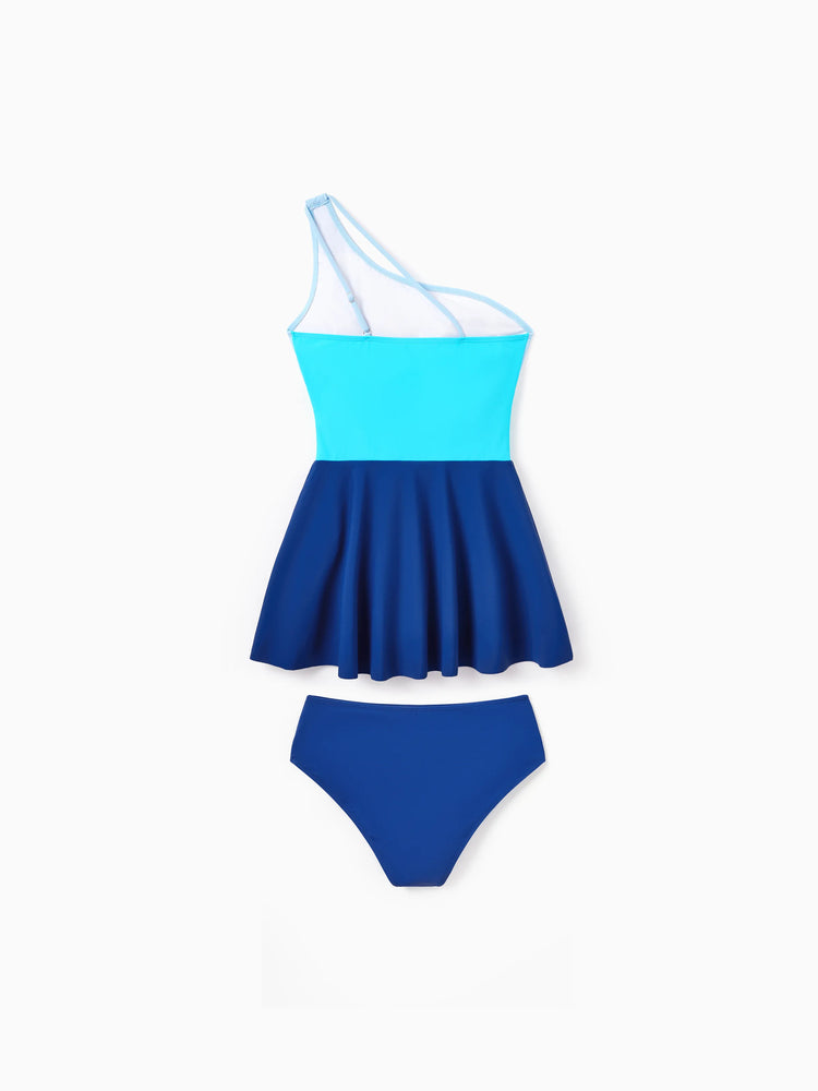 Family Matching Color Block Swimsuits One Shoulder Swim Dress / Swim Trunks Set Blue