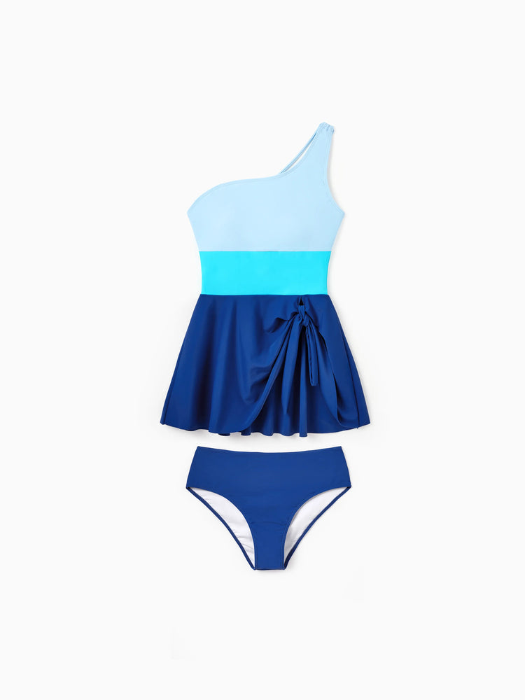 Mommy & me Color Block Swimsuits One Shoulder Swim Dress / Swim Trunks Set Blue