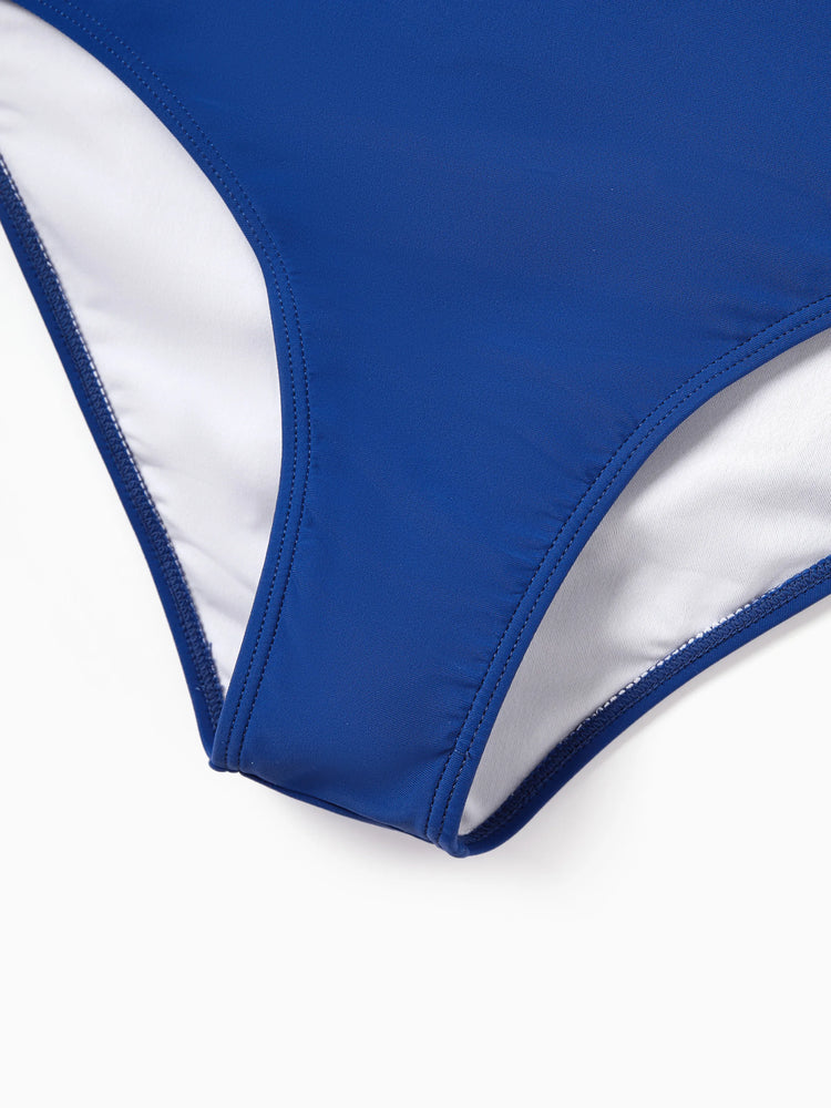 Family Matching Color Block Swimsuits One Shoulder Swim Dress / Swim Trunks Set Blue