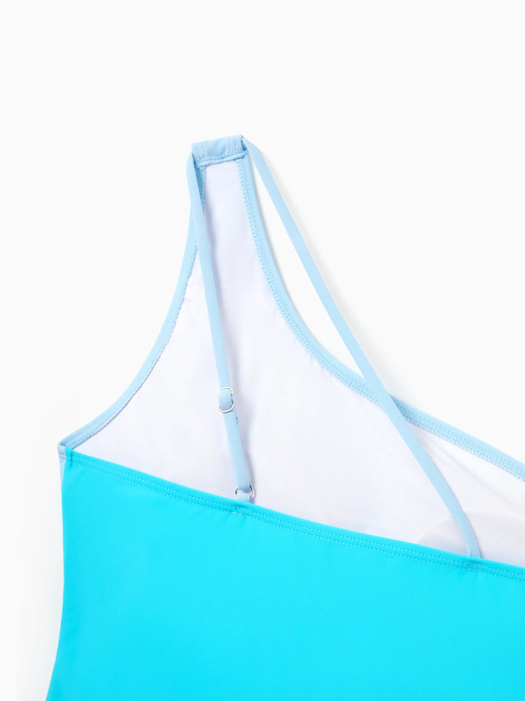 Family Matching Color Block Swimsuits One Shoulder Swim Dress / Swim Trunks Set Blue