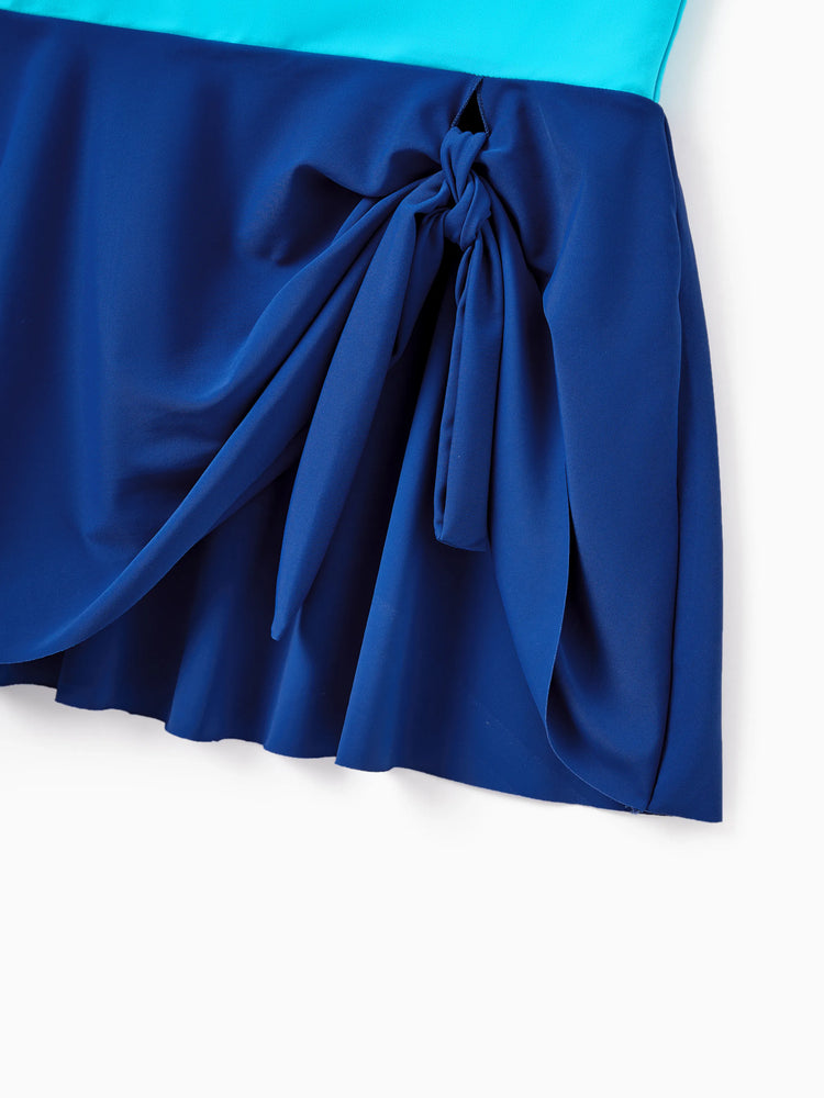 Mommy & me Color Block Swimsuits One Shoulder Swim Dress / Swim Trunks Set Blue