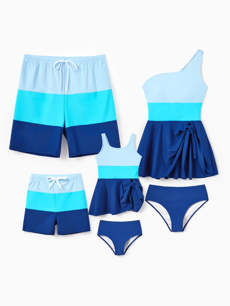 Daddy & Son Color Block Swimsuits One Shoulder Swim Dress / Swim Trunks Set Blue