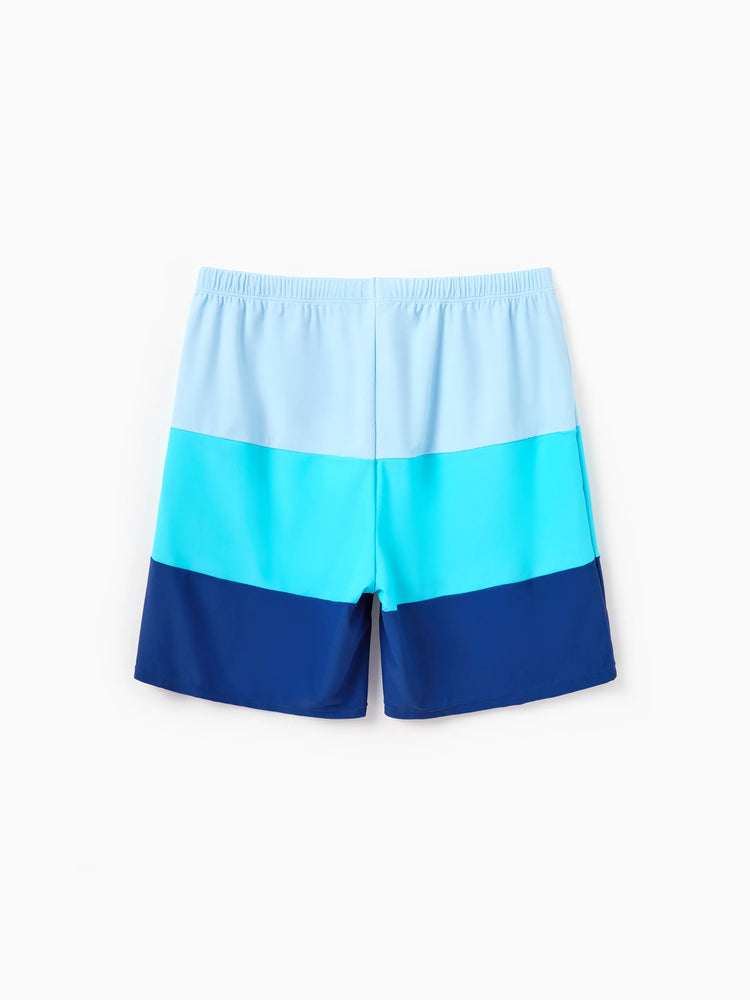 Daddy & Son Color Block Swimsuits One Shoulder Swim Dress / Swim Trunks Set Blue