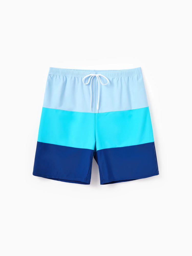 Family Matching Color Block Swimsuits One Shoulder Swim Dress / Swim Trunks Set Blue