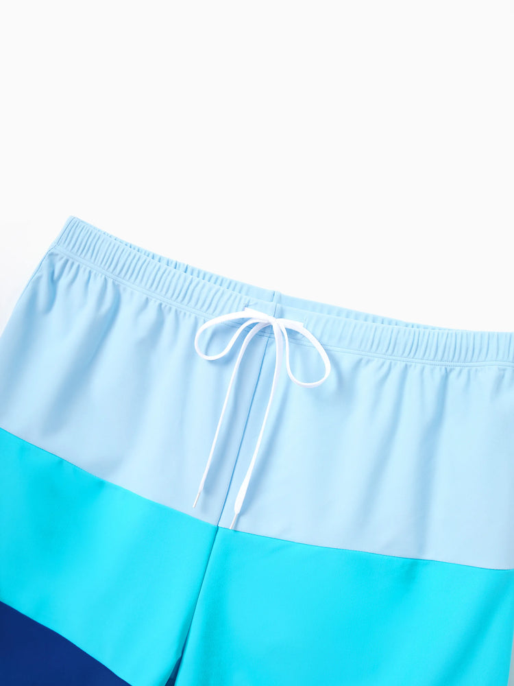 Family Matching Color Block Swimsuits One Shoulder Swim Dress / Swim Trunks Set Blue