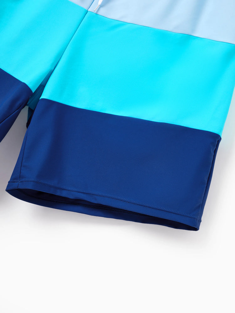 Family Matching Color Block Swimsuits One Shoulder Swim Dress / Swim Trunks Set Blue