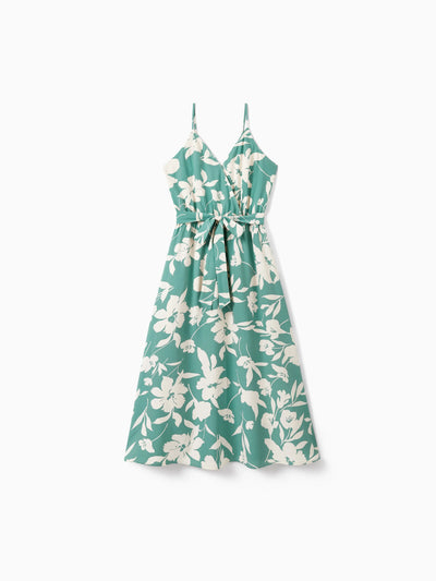 Family Matching Leaf Print Green Short-sleeve Shirt or Sling Shirred Dress Set Light Green