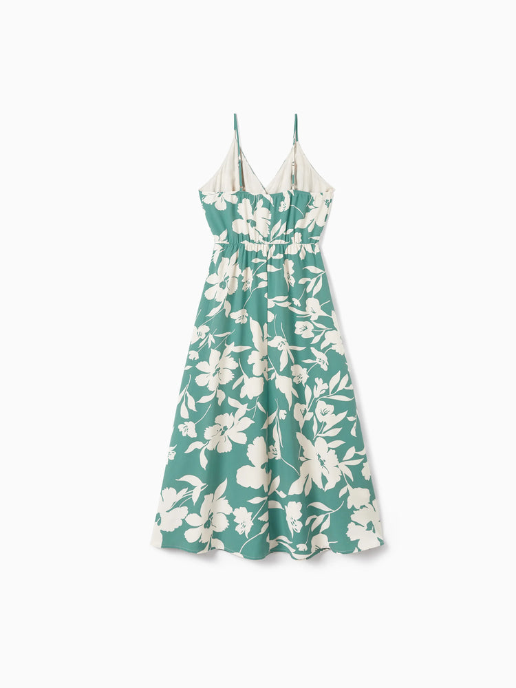 Family Matching Leaf Print Green Short-sleeve Shirt or Sling Shirred Dress Set Light Green