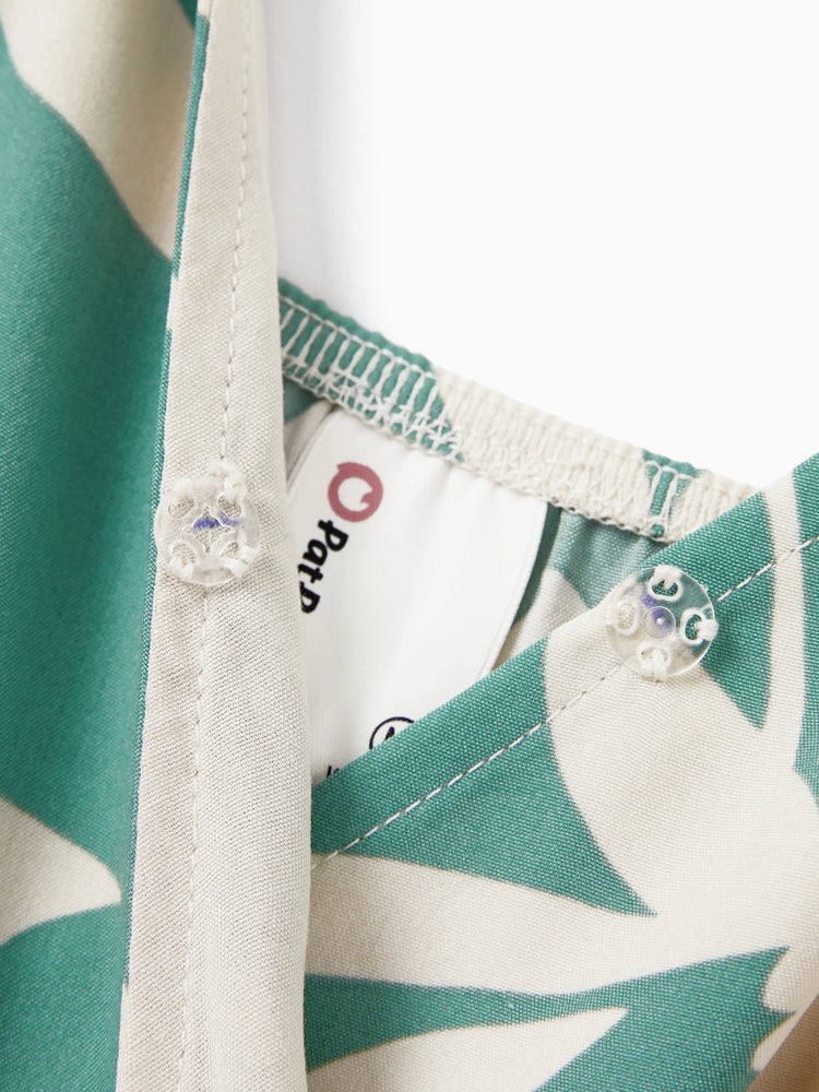 Family Matching Leaf Print Green Short-sleeve Shirt or Sling Shirred Dress Set Light Green