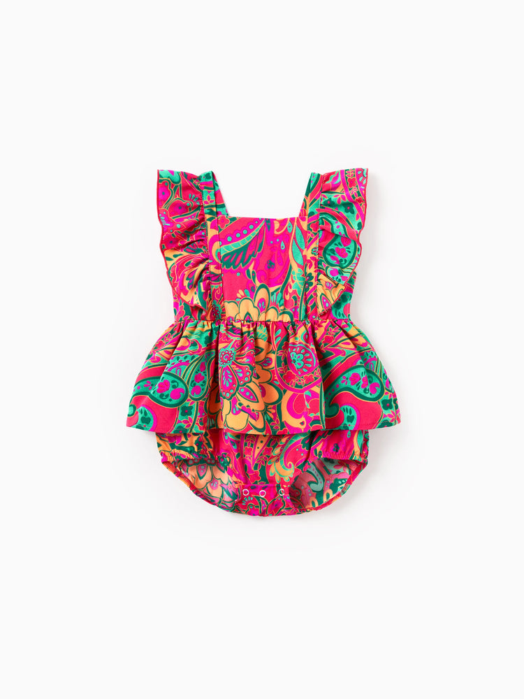 Family Matching Outfit Set Sleeveless Halter Belted Dress or Short-sleeve Collar Shirt   for Summer Vacation  Hot Pink