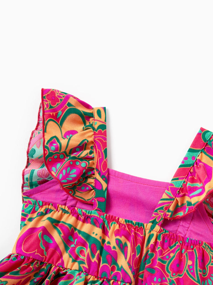 Family Matching Outfit Set Sleeveless Halter Belted Dress or Short-sleeve Collar Shirt   for Summer Vacation  Hot Pink