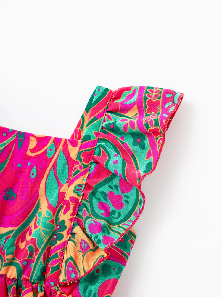 Family Matching Outfit Set Sleeveless Halter Belted Dress or Short-sleeve Collar Shirt   for Summer Vacation  Hot Pink