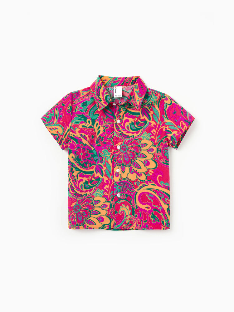 Family Matching Outfit Set Sleeveless Halter Belted Dress or Short-sleeve Collar Shirt   for Summer Vacation  Hot Pink