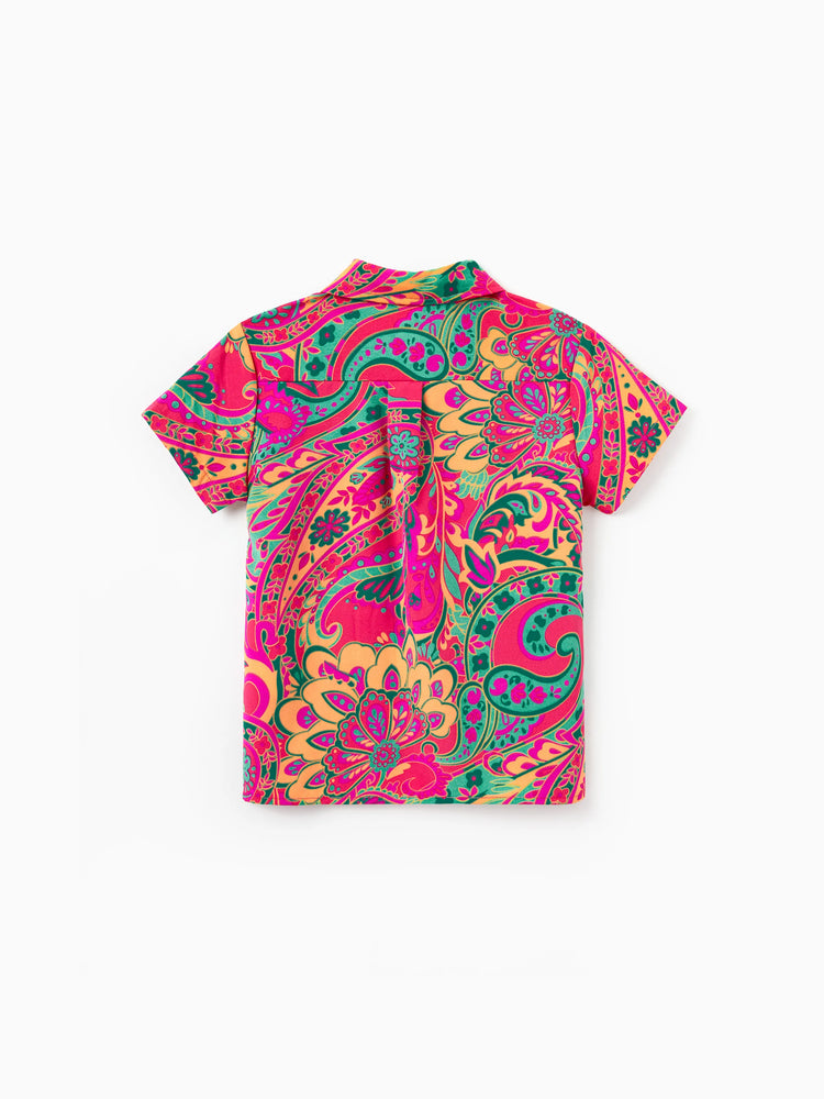 Family Matching Outfit Set Sleeveless Halter Belted Dress or Short-sleeve Collar Shirt   for Summer Vacation  Hot Pink