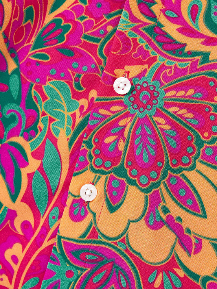 Family Matching Outfit Set Sleeveless Halter Belted Dress or Short-sleeve Collar Shirt   for Summer Vacation  Hot Pink