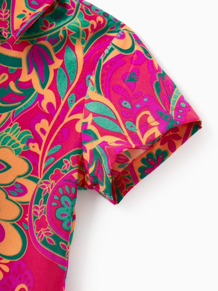 Family Matching Outfit Set Sleeveless Halter Belted Dress or Short-sleeve Collar Shirt   for Summer Vacation  Hot Pink