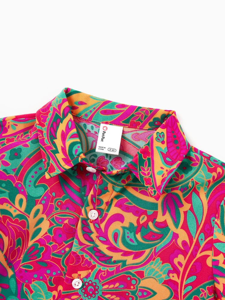 Family Matching Outfit Set Sleeveless Halter Belted Dress or Short-sleeve Collar Shirt   for Summer Vacation  Hot Pink