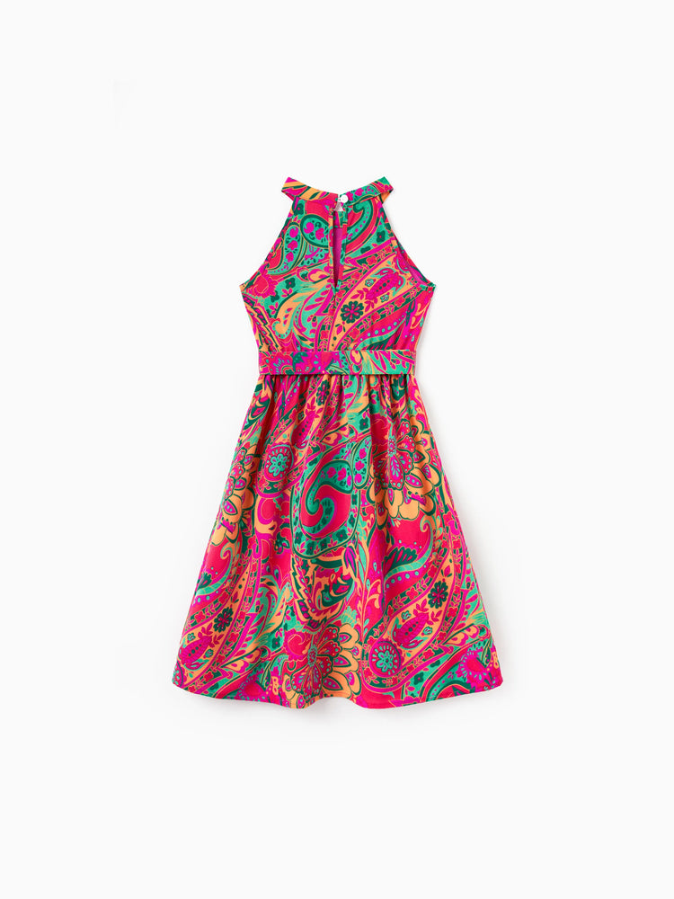 Mama & ich Outfit-Set Ärmelloses Neckholder-Kleid mit Gürtel oder Kurzarm-Hemd mit Kragen für Sommerurlaub Knallpink