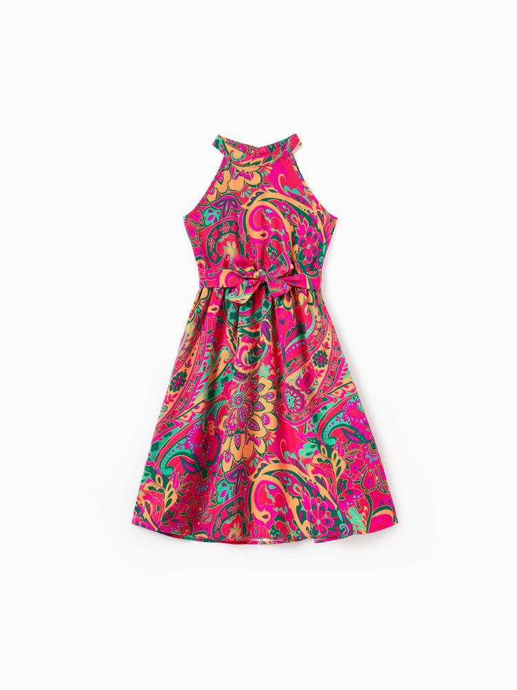 Mama & ich Outfit-Set Ärmelloses Neckholder-Kleid mit Gürtel oder Kurzarm-Hemd mit Kragen für Sommerurlaub Knallpink