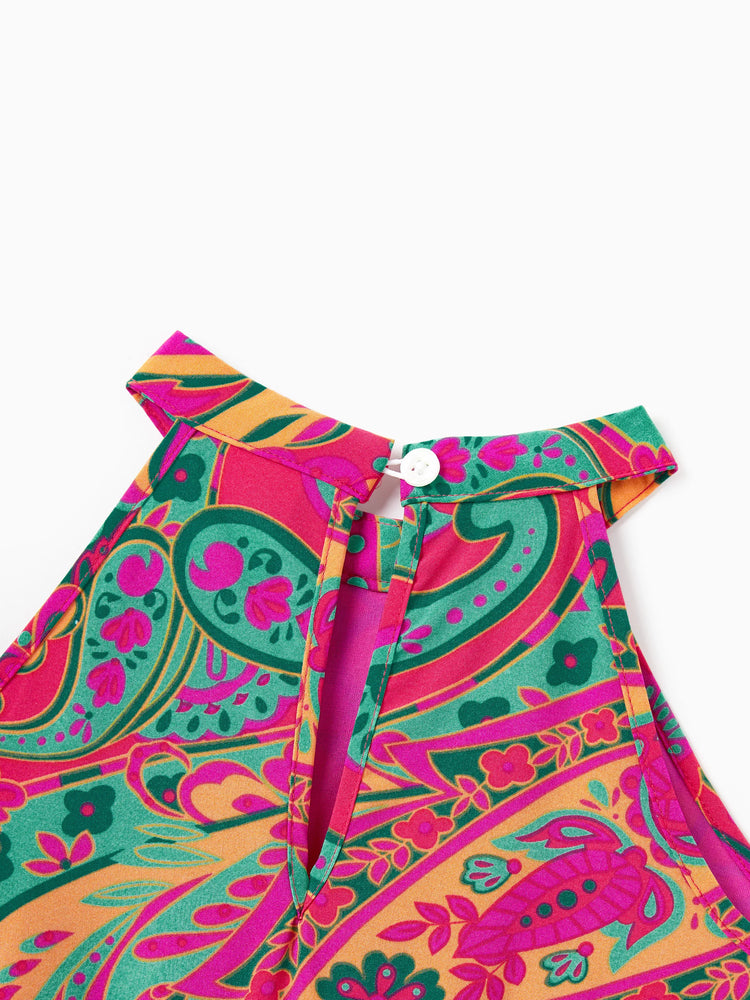 Family Matching Outfit Set Sleeveless Halter Belted Dress or Short-sleeve Collar Shirt   for Summer Vacation  Hot Pink