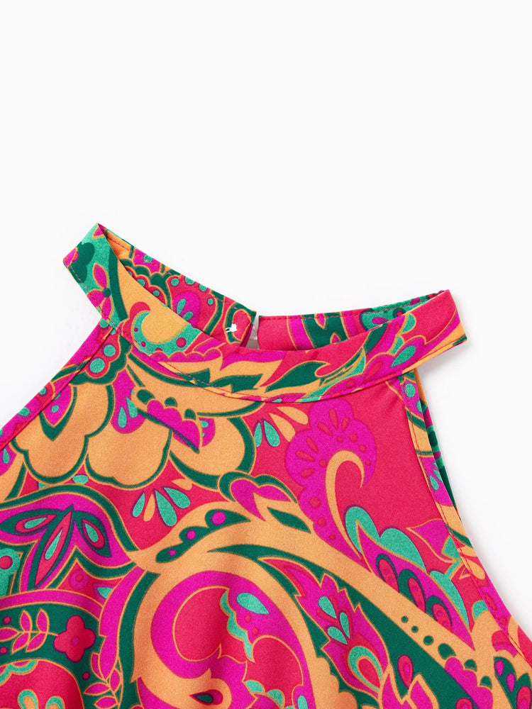 Family Matching Outfit Set Sleeveless Halter Belted Dress or Short-sleeve Collar Shirt   for Summer Vacation  Hot Pink