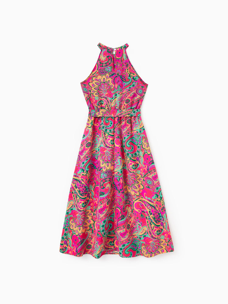 Family Matching Outfit Set Sleeveless Halter Belted Dress or Short-sleeve Collar Shirt   for Summer Vacation  Hot Pink