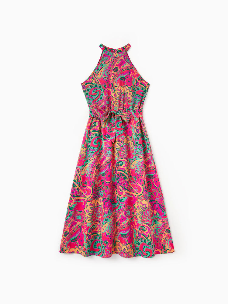 Family Matching Outfit Set Sleeveless Halter Belted Dress or Short-sleeve Collar Shirt   for Summer Vacation  Hot Pink