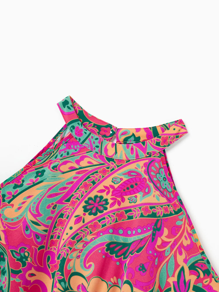 Family Matching Outfit Set Sleeveless Halter Belted Dress or Short-sleeve Collar Shirt   for Summer Vacation  Hot Pink