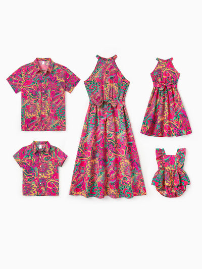 Family Matching Outfit Set Sleeveless Halter Belted Dress or Short-sleeve Collar Shirt   for Summer Vacation  Hot Pink